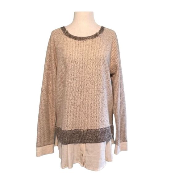 Mystree Beach Sweater with Shirt Tails Oatmeal Tan Black Knit Crewneck Long Slee - Picture 1 of 7